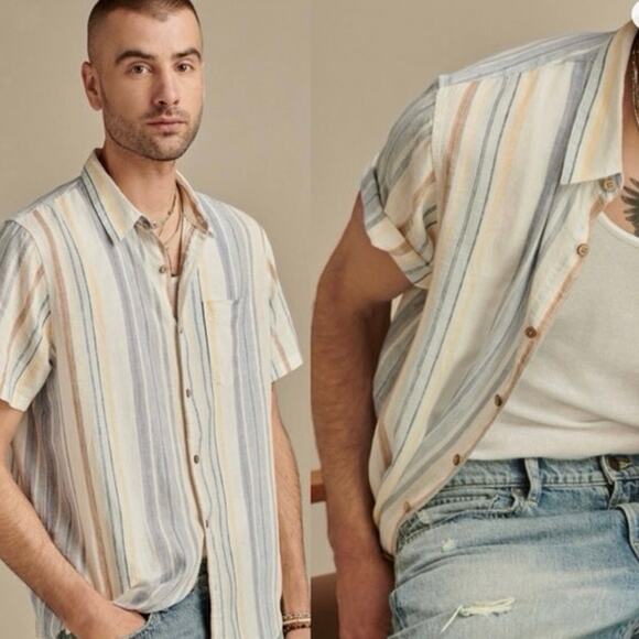 Lucky Brand Men’s Linen Blend Shirt Short Sleeve San Gabriel Blue Stripe Sz XL - Picture 1 of 9